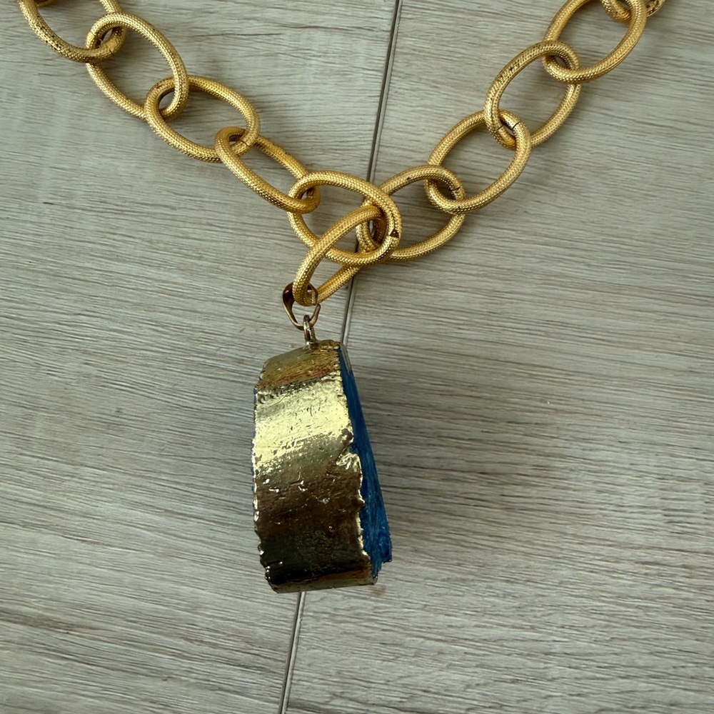 Chunky link necklace and bracelet set with blue quartz geode pendant boho - Picture 3 of 8